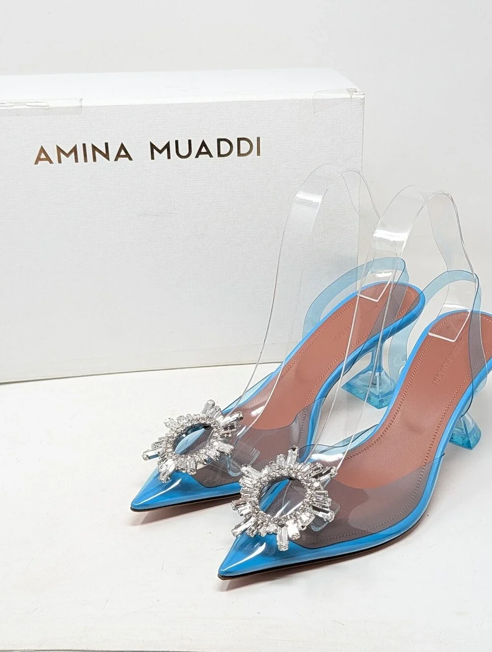 Amina Muaddi Begum PVC Plexi Glass Slingback Sky Blue 70mm Heel Size EU 39